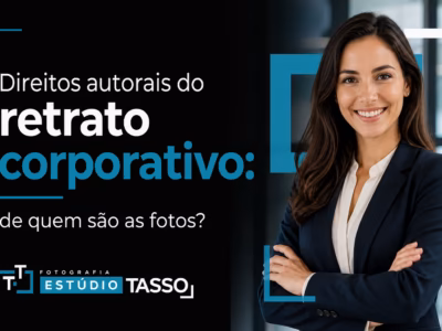 Retrato corporativo de profissional em estúdio, ilustrando a autoria e o uso de direitos autorais de fotos da empresa