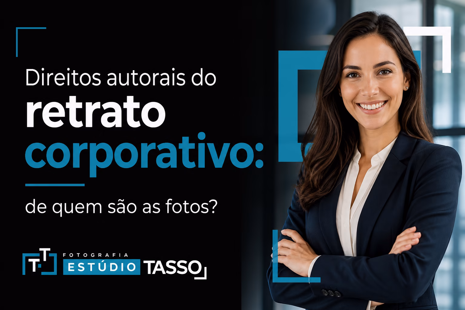 Retrato corporativo de profissional em estúdio, ilustrando a autoria e o uso de direitos autorais de fotos da empresa