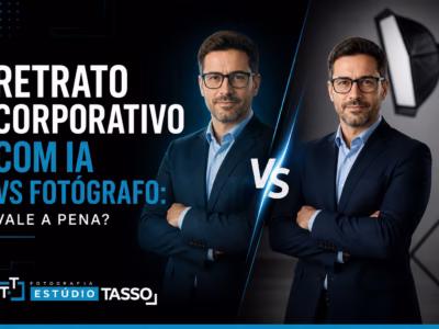 Retrato corporativo com IA ao lado de uma sessão com fotógrafo profissional