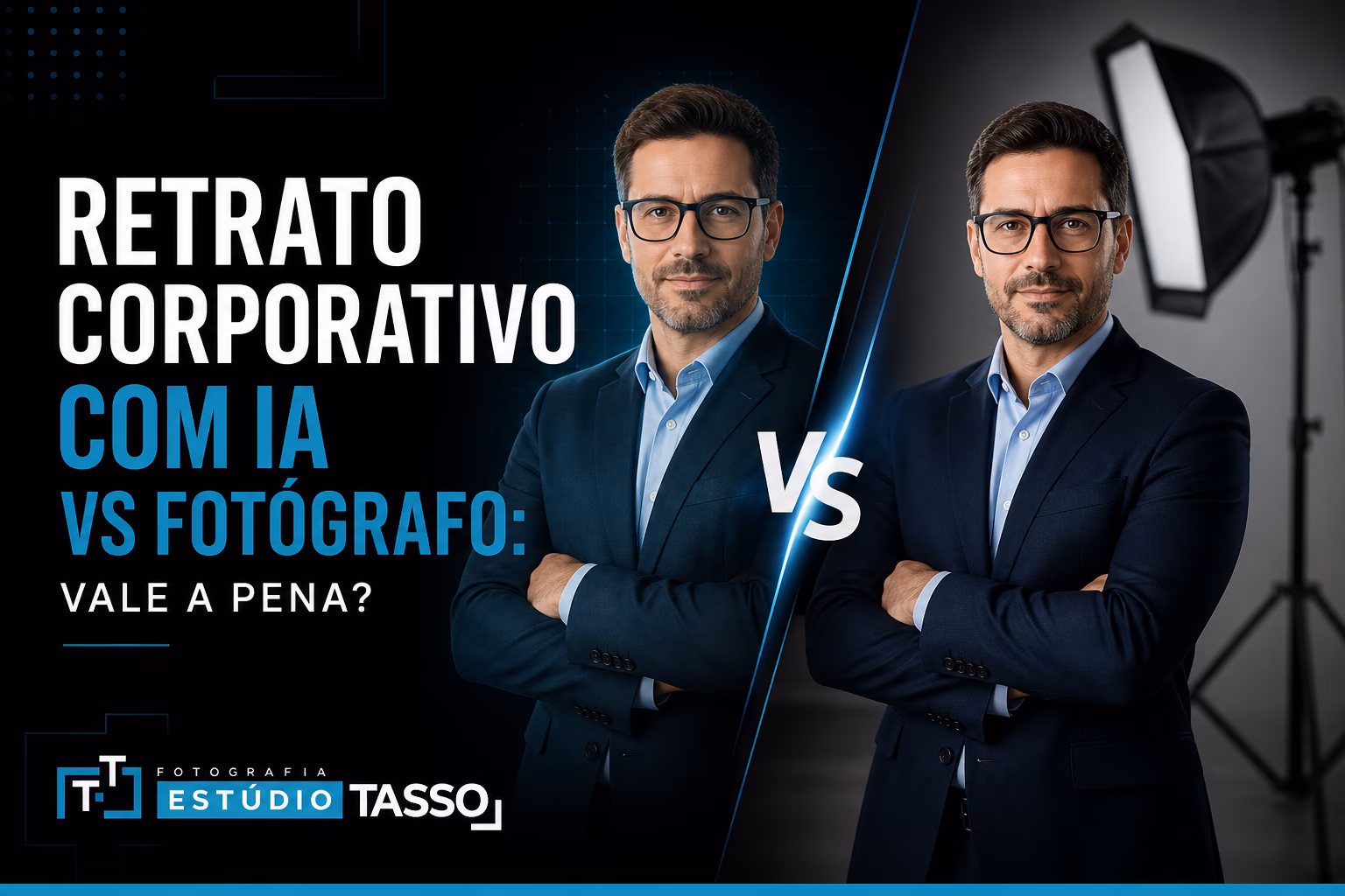 Retrato corporativo com IA ao lado de uma sessão com fotógrafo profissional